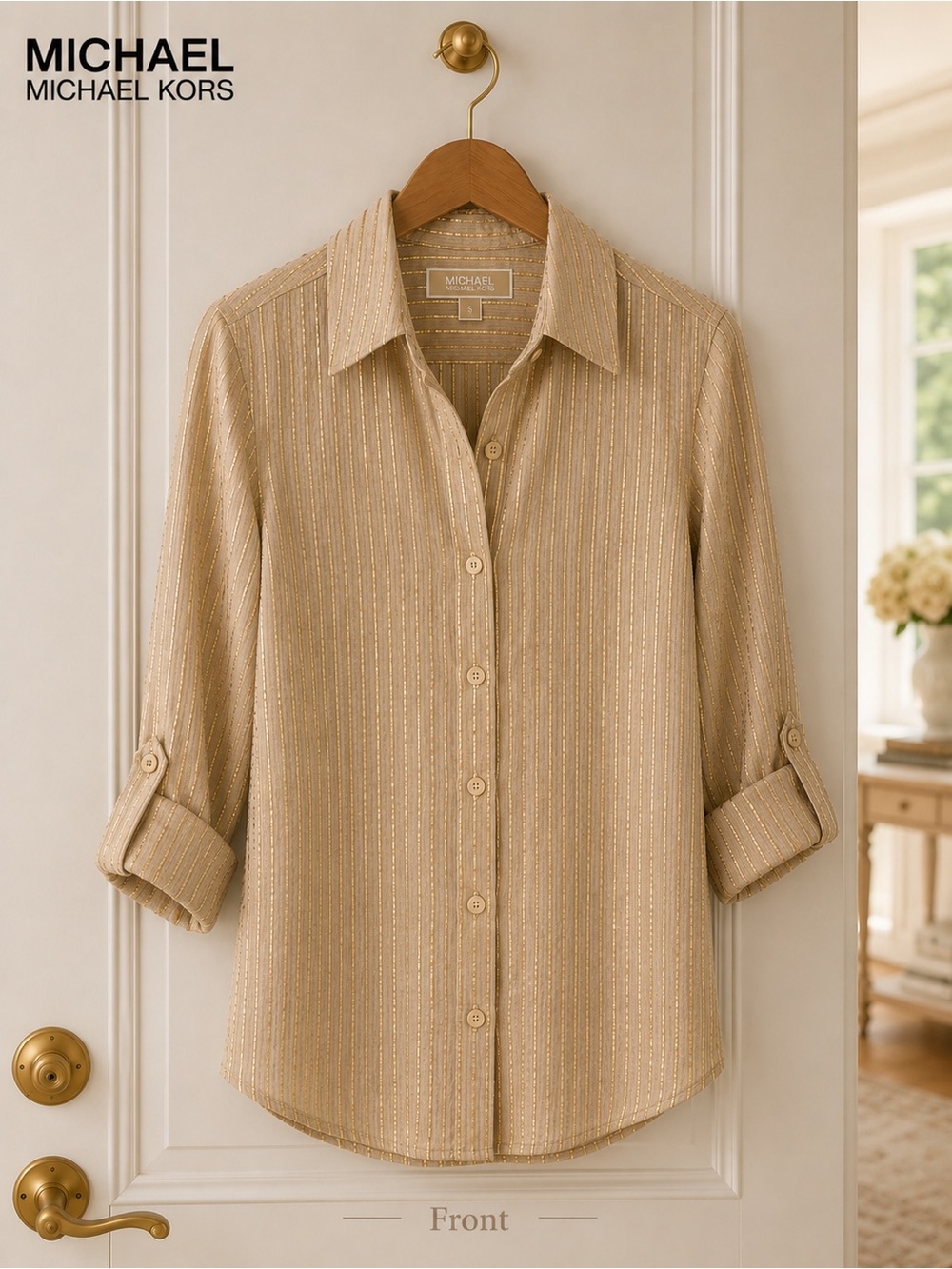 Michael by Michael Kors 🌸 Like NEW 🌸Tan and Metallic Gold Stripe, Women’s Small - Picture 10 of 14